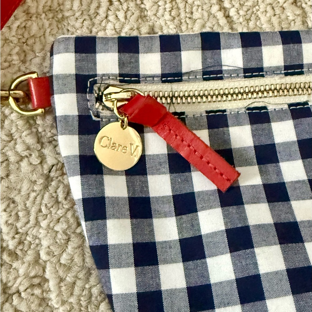 Clare V. Navy and White Checkered Gingham Check Grande Fanny with Red Strap - Picture 5 of 6